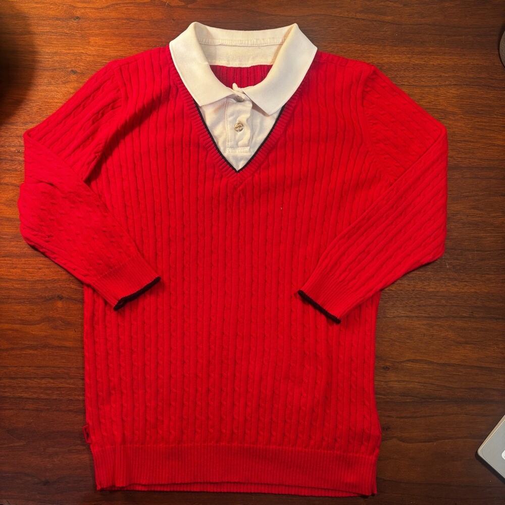 Lauren Ralph Lauren Cable Knit Polo Collar Sweater Red Women’s Cottagecore